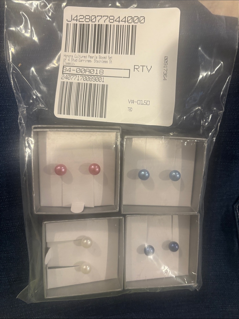 Cultured Pearl Stud Earring Set - Pink, Blue, White